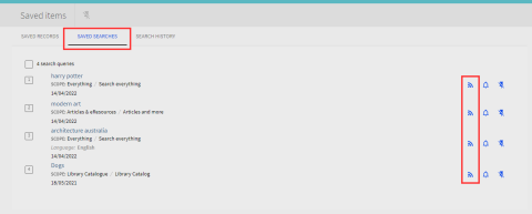 Select the RSS icon next to the Saved search to subscribe to a search with a RSS Reader