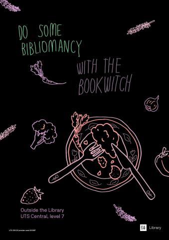 Black poster with green and purple handwritten text 'Do dome bibliomancy with the book witch'. Pink and purple illustrations of a dinner plate with food on it sits underneath, with drawings of various fruits and vegetables scattered around the page