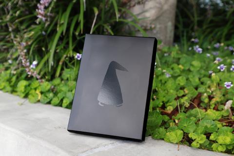 A portrait black box stands on a concrete step, leaning against a green garden with grass, cress and small purple flowers. Centred on the box is a glossy black sticker of a witches hat: our BOOK WITCH